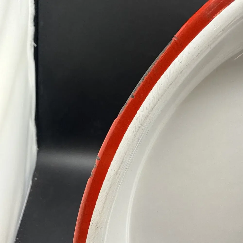 Vintage White Red Rim Enamelware Dinner Plate Farmhouse Camp Rustic 10 Inch